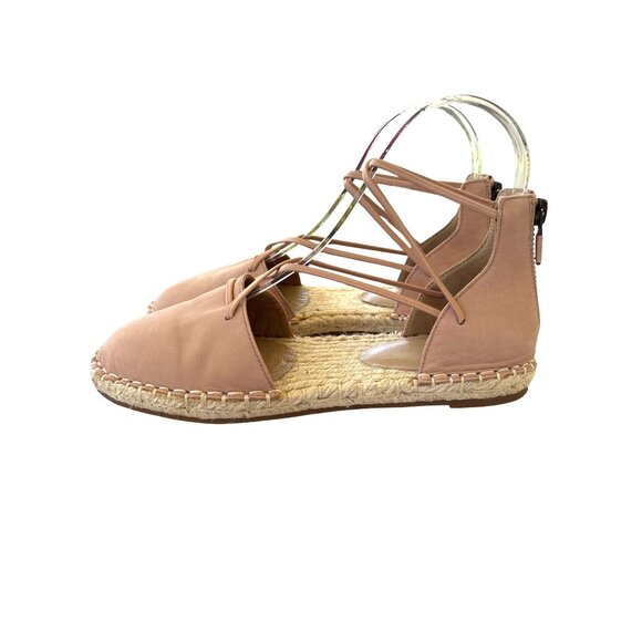 Eileen Fisher Lace Up Leather Espadrilles Rose Pink Zip Heels Size 5.5 Flats - Picture 4 of 10